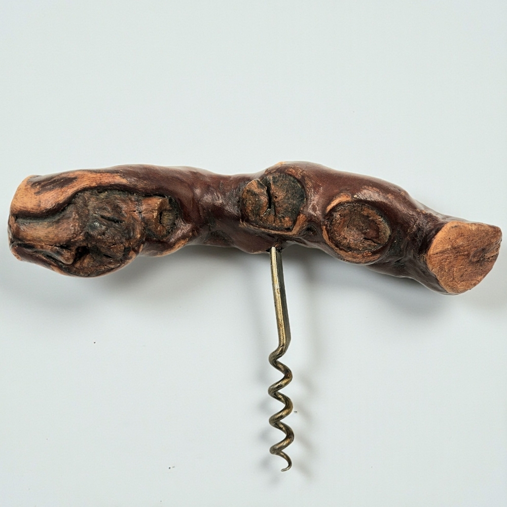 Vintage Grapevine Wood Corkscrew Rustic Burled Gnarled Wine Opener Barware